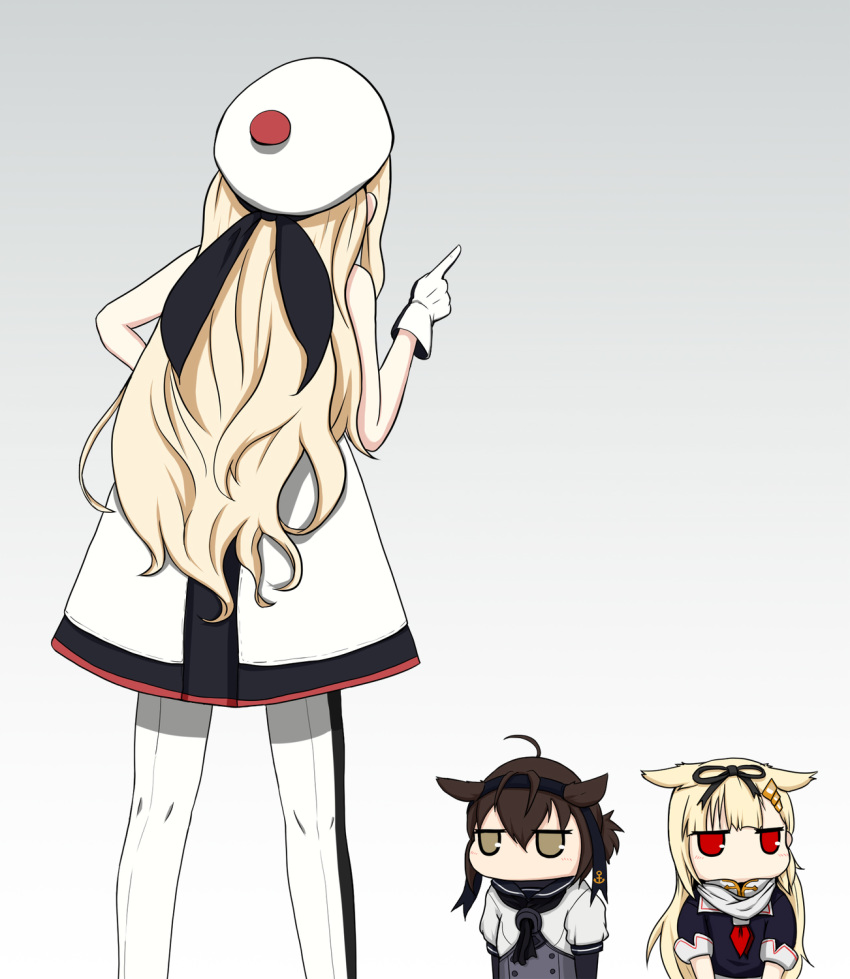 3girls anchor_print animal_ears bangs beret black_bodysuit black_gloves black_hair black_ribbon black_sailor_collar black_serafuku black_skirt blonde_hair blush bodysuit brown_eyes chibi commentary_request crawling dress gloves gradient gradient_background hachimaki hair_between_eyes hair_flaps hair_ornament hair_ribbon hairclip hat hatsuzuki_(kantai_collection) headband highres kantai_collection long_hair multicolored multicolored_clothes multicolored_dress multiple_girls pom_pom_(clothes) puffy_short_sleeves puffy_sleeves red_eyes remodel_(kantai_collection) ribbon richelieu_(kantai_collection) sailor_collar school_uniform serafuku shadow shoes short_hair short_sleeves simple_background skirt white_gloves white_sailor_collar yakuto007 yuudachi_(kantai_collection)