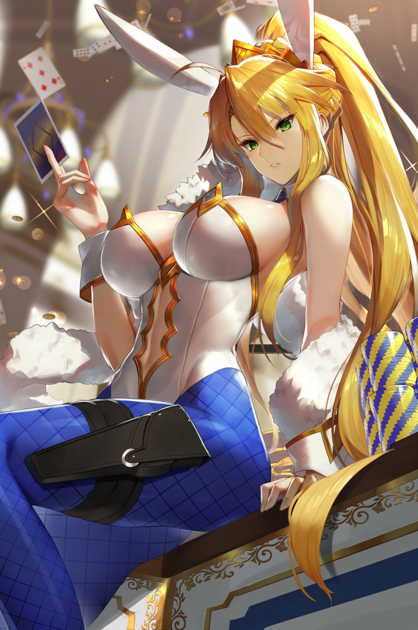 1girl animal_ears arm_support artoria_pendragon_(all) artoria_pendragon_(lancer) artoria_pendragon_(swimsuit_ruler)_(fate) bangs bare_shoulders blonde_hair blue_legwear blurry blurry_background breasts bunny_ears bunnysuit card casino_card_table cleavage detached_collar fate/grand_order fate_(series) fishnets green_eyes hair_between_eyes highres holding holding_card large_breasts leotard long_hair looking_at_viewer necktie pantyhose parted_lips playing_card ponytail sidelocks sitting solo sukocchi thigh_strap white_leotard wrist_cuffs