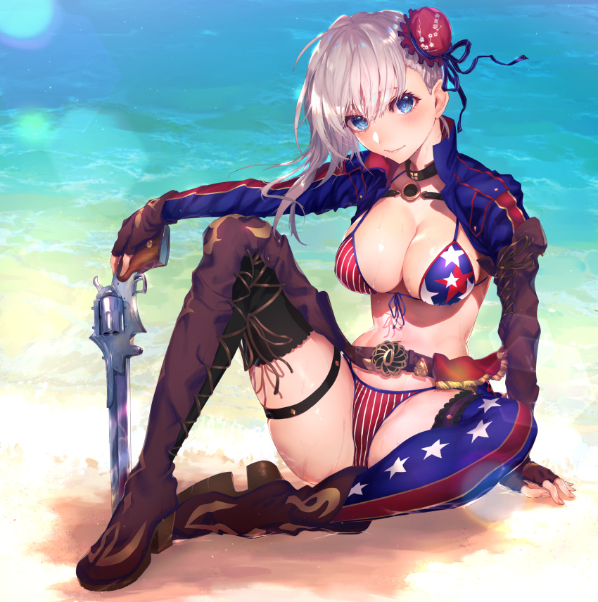 1girl american_flag_bikini asymmetrical_hair bangs beach belt bikini blue_eyes blue_jacket blue_sky blush breasts brown_gloves buckle bun_cover cleavage cloud collarbone commentary_request cowboy_shot day elbow_gloves fate/grand_order fate_(series) flag_print full_body gloves gunblade hair_bun highres holding holding_weapon jacket large_breasts long_hair looking_at_viewer miyamoto_musashi_(fate/grand_order) miyamoto_musashi_(swimsuit_berserker)_(fate) navel nijimaarc ocean outdoors pink_hair shrug_(clothing) single_elbow_glove sky smile solo swept_bangs swimsuit toned weapon