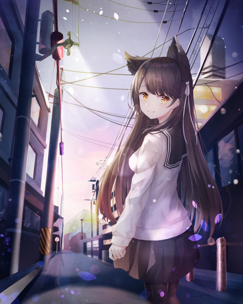 1girl animal_ears atago_(azur_lane) atago_(school_daydream)_(azur_lane) azur_lane bangs black_legwear black_sailor_collar black_skirt breasts brown_hair building cat_ears closed_mouth commentary_request eyebrows_visible_through_hair hair_ribbon highres long_hair looking_at_viewer looking_back medium_breasts outdoors pantyhose pleated_skirt pole ribbon sailor_collar school_uniform serafuku shiro_(acad1213) shirt skirt smile snowing solo very_long_hair white_ribbon white_shirt yellow_eyes