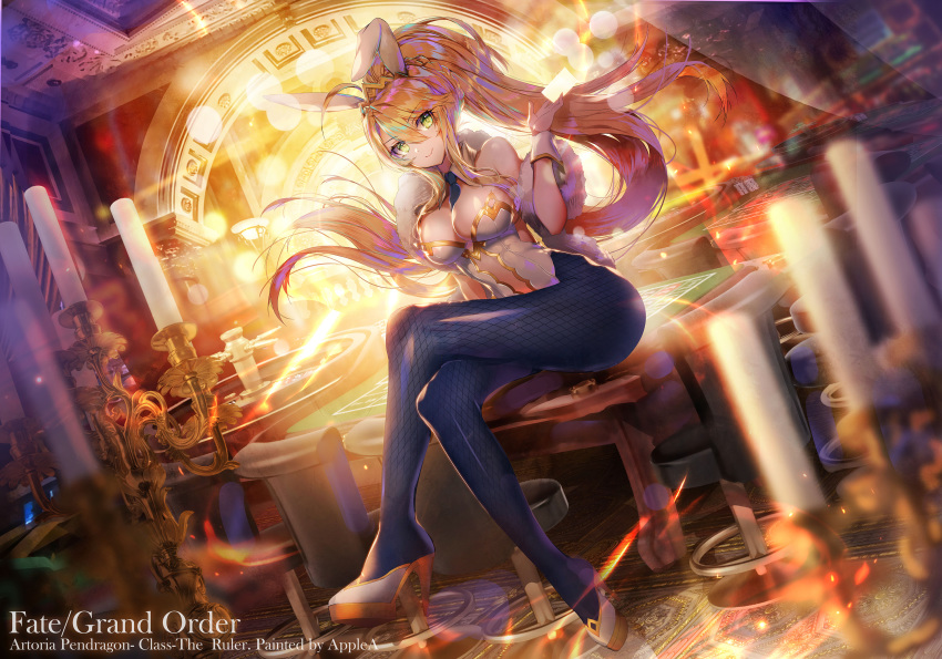 1girl ahoge apple_caramel arch artoria_pendragon_(all) blonde_hair bow braid breasts candle card casino ceiling character_name crossed_legs dutch_angle fate/grand_order fate_(series) fishnet_pantyhose fishnets full_body gloves green_eyes hair_bow high_ponytail highres indoors large_breasts pantyhose ponytail roulette_table sitting smile solo white_gloves