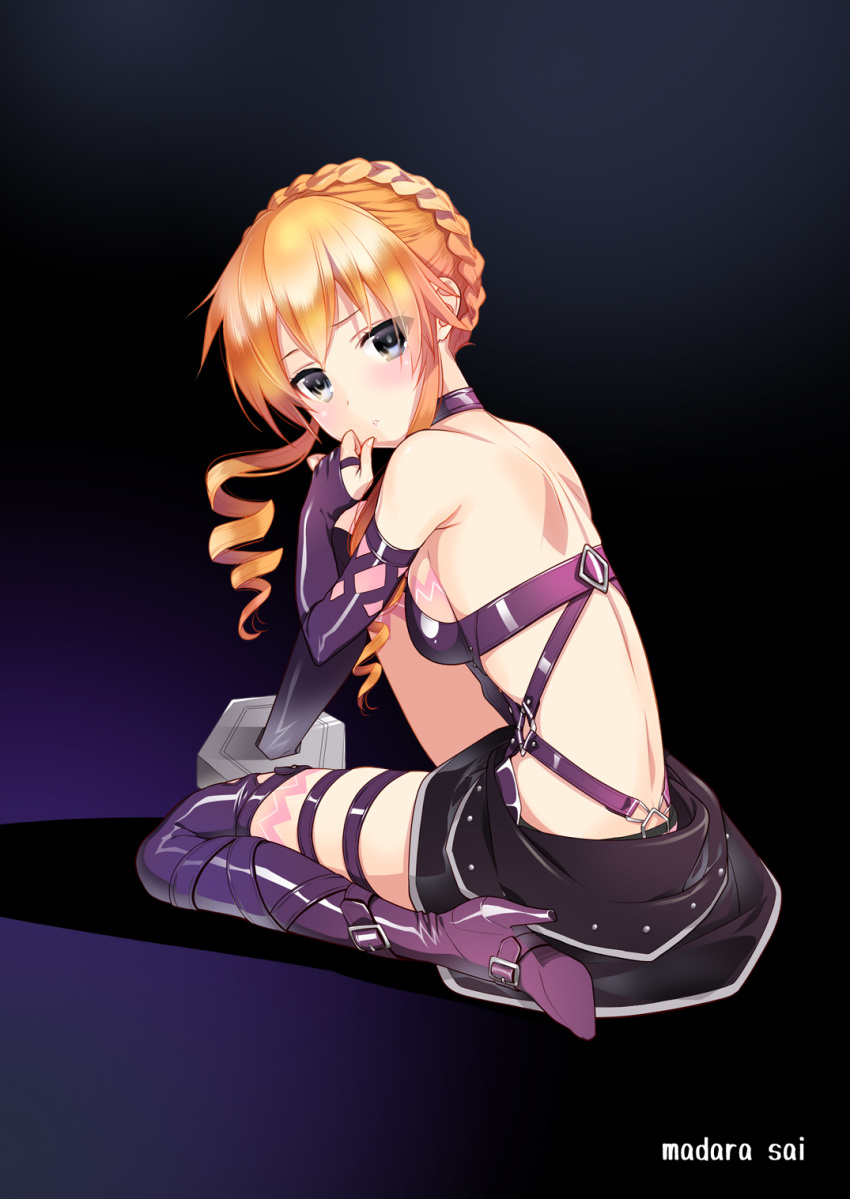 1girl artist_name backless_outfit blonde_hair blue_eyes boots breasts bridal_gauntlets closed_mouth date_a_live detached_sleeves drill_hair high_heel_boots high_heels highres long_sleeves looking_at_viewer madara_sai medium_breasts purple_footwear purple_sleeves shiny shiny_footwear shiny_hair short_hair_with_long_locks shoulder_blades sideboob sidelocks sitting solo thigh_boots thighhighs twin_drills wariza yamai_kaguya