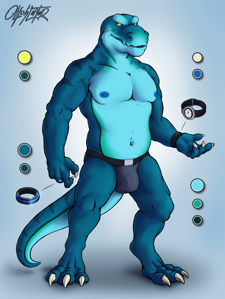 2018 anthro belly blue_body blue_nipples boxers_(clothing) bulge by-nc-nd clock clothing countershade_torso countershading creative_commons digital_media_(artwork) digitigrade dragomar feet hi_res lizard male mature_male musclegut muscular nipples obfuscator pecs reference_image reptile scalie simple_background slightly_chubby solo underwear watch yellow_eyes