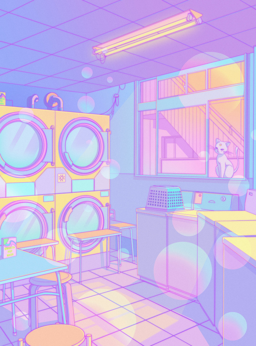 absurdres artemis_(sailor_moon) basket bishoujo_senshi_sailor_moon cat chair commentary crescent english_commentary floor fluorescent_lamp highres laundry no_humans owakita table tile_floor tiles washing_machine white_cat