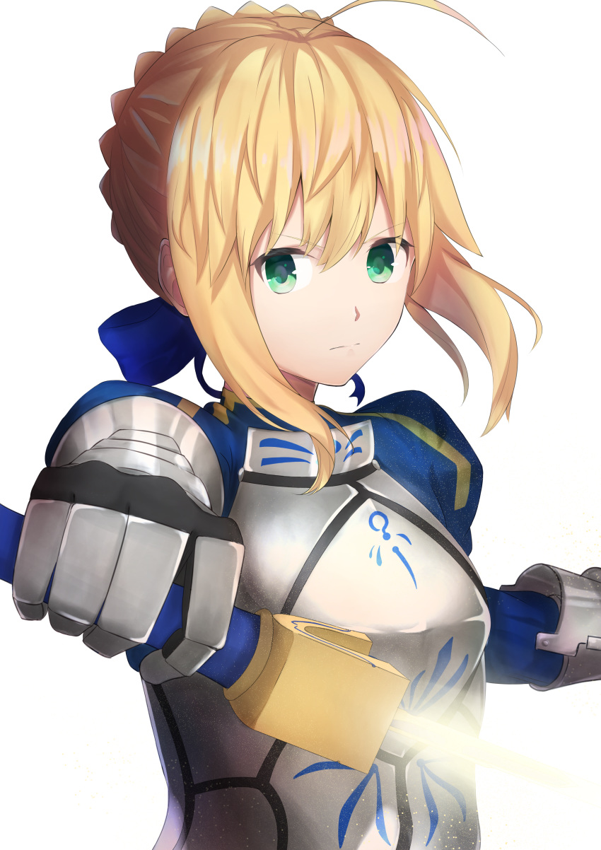 1girl absurdres ahoge armor armored_dress artoria_pendragon_(all) blonde_hair commentary_request fate/stay_night fate_(series) gauntlets green_eyes hair_between_eyes hair_ribbon highres holding holding_sword holding_weapon homura0620alicia looking_at_viewer puffy_sleeves ribbon saber short_hair simple_background solo sword upper_body v-shaped_eyebrows weapon white_background
