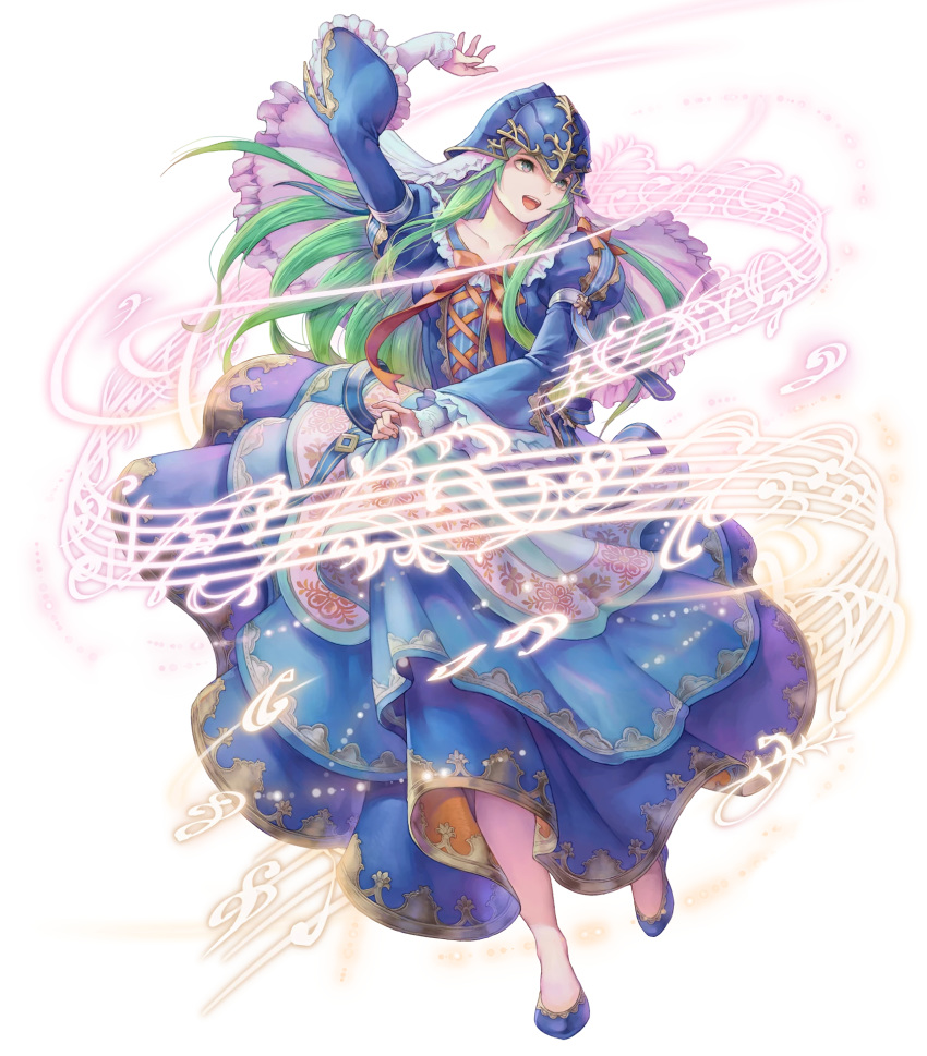 1girl armor bangs blue_footwear breasts collarbone detached_sleeves dress fire_emblem fire_emblem:_path_of_radiance fire_emblem_heroes frills full_body green_hair haccan helmet highres long_hair medium_breasts nephenee non-web_source official_art puffy_sleeves shoes solo transparent_background veil wide_sleeves