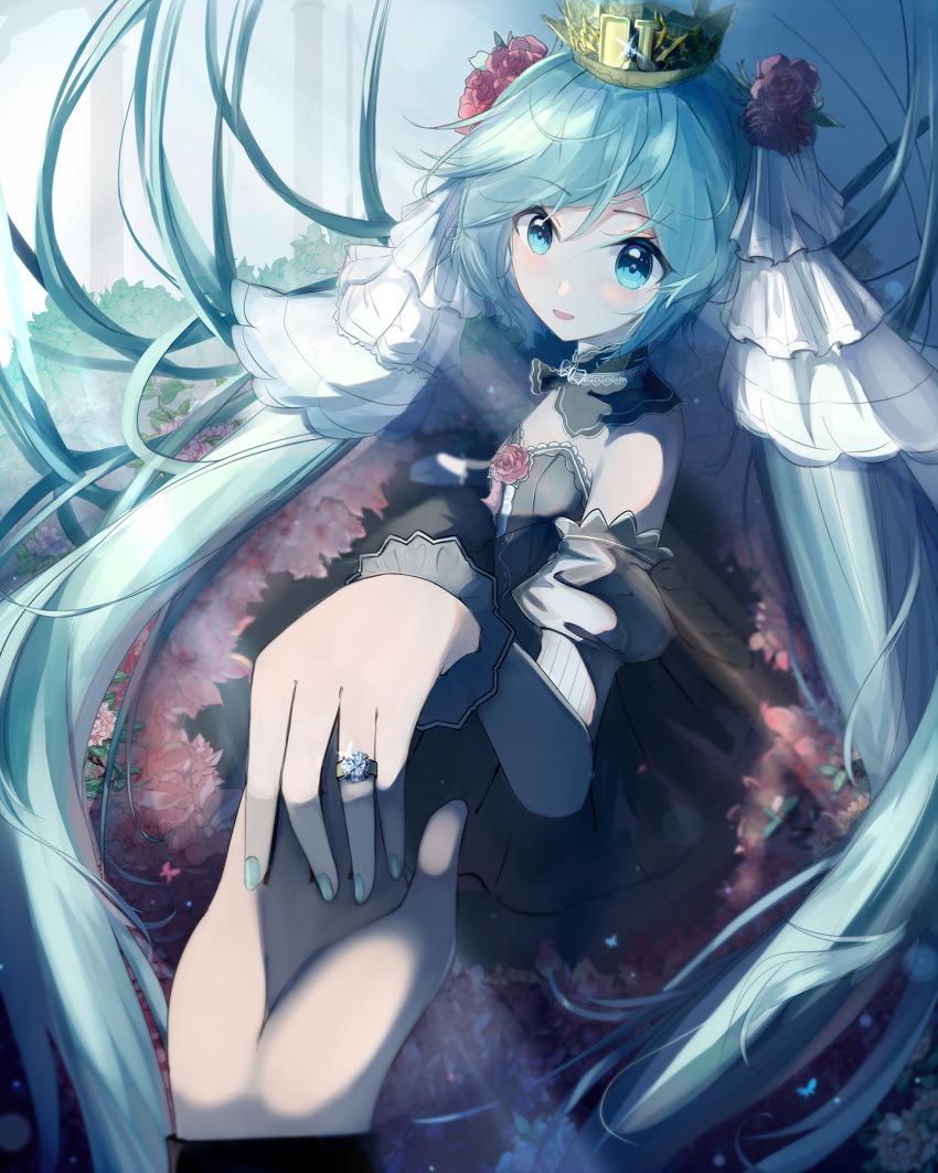 1girl aqua_eyes aqua_hair aqua_nails bare_shoulders black_dress bride collar commentary crown detached_sleeves dress dress_flower flower flower_bed frilled_dress frills hair_flower hair_ornament hatsune_miku highres holding_hand jewelry juliet_sleeves light_blush long_hair long_sleeves looking_at_viewer mikuning nail_polish parted_lips petals pov puffy_sleeves reaching_out ring rose scenery smile twintails veil very_long_hair vocaloid wedding_dress