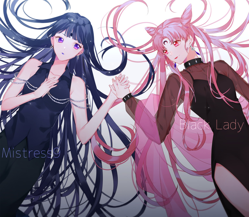 1girl bishoujo_senshi_sailor_moon black_dress black_hair black_lady character_name chibi_usa crescent double_bun dress earrings facial_mark forehead_mark hanasato_(okashino) highres holding_hands jewelry lipstick long_hair looking_at_viewer makeup mistress_9 pink_eyes pink_hair purple_eyes purple_lipstick red_lipstick star tomoe_hotaru twintails very_long_hair