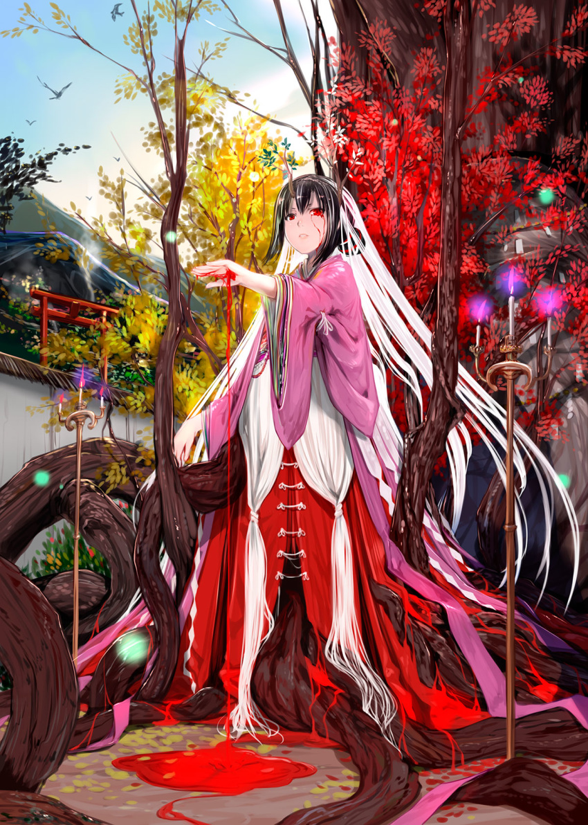 1girl alternate_costume blood blood_on_face blush highres japanese_clothes kimono mikazuki_akira! miko original pink_kimono ritual