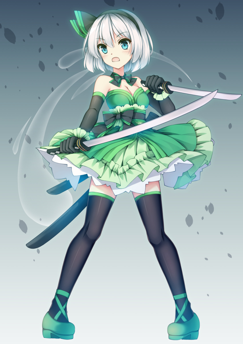 1girl bangs black_gloves black_hairband black_legwear black_neckwear blue_eyes breasts cleavage detached_collar dress dual_wielding elbow_gloves eyebrows_visible_through_hair full_body gloves green_dress grey_background hair_between_eyes hairband highres holding holding_sword holding_weapon katana konpaku_youmu mechrailgun medium_breasts open_mouth shiny_legwear short_dress short_hair silver_hair simple_background sleeveless sleeveless_dress solo stance standing striped striped_dress sword thighhighs touhou weapon zettai_ryouiki