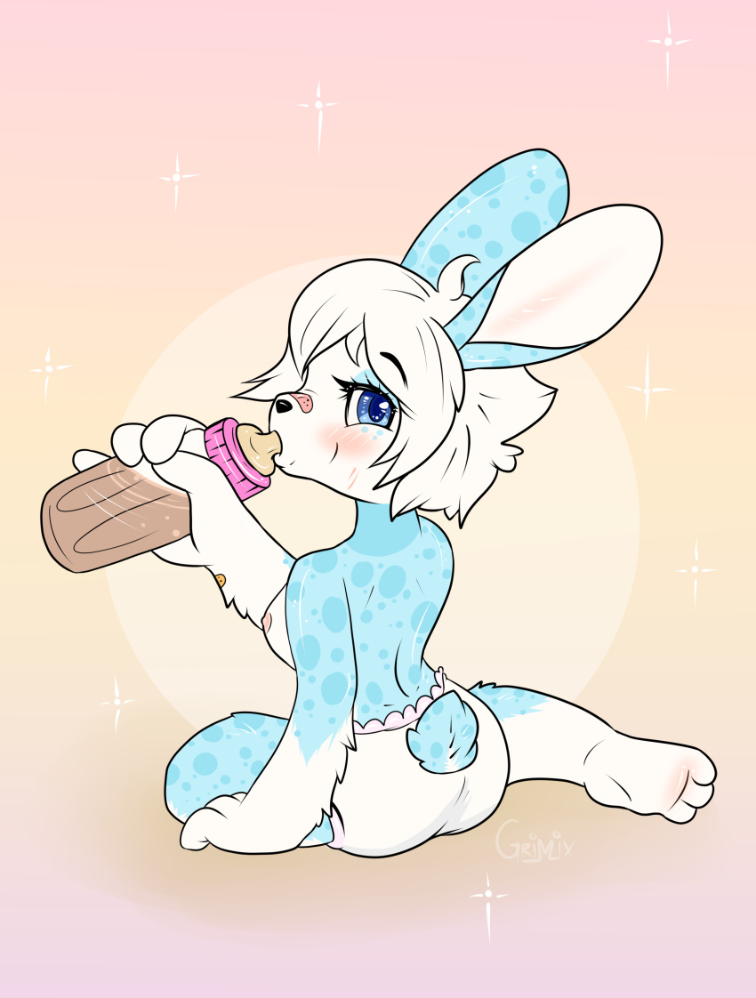 2019 3_toes absurd_res anthro beans blush bottle breasts candy chocolate cub diaper digital_media_(artwork) female food fur grimix hair hi_res lagomorph leporid looking_at_viewer mammal milk nipples nude rabbit simple_background solo thick_thighs toes young
