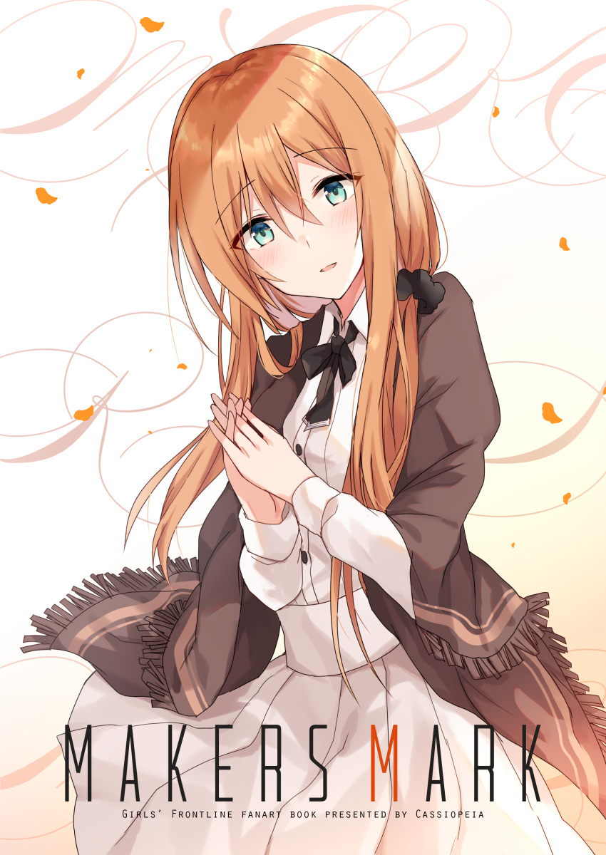 1girl absurdres bangs beige_background black_bow black_scrunchie blue_eyes blush bow brown_hair collared_shirt commentary_request cover cover_page dress_shirt eyebrows_visible_through_hair fringe_trim girls_frontline gradient gradient_background hair_between_eyes hair_ornament hair_scrunchie hands_together head_tilt highres interlocked_fingers kinona long_hair long_sleeves looking_at_viewer m1903_springfield_(girls_frontline) own_hands_together parted_lips pleated_skirt scrunchie shirt skirt solo very_long_hair white_background white_shirt white_skirt