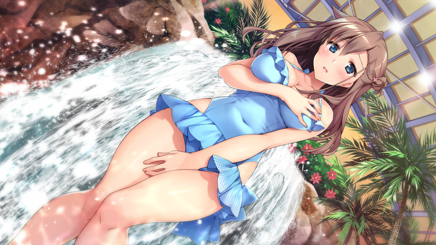 1girl blue_eyes blue_swimsuit blush breasts brown_hair casual_one-piece_swimsuit cleavage covered_navel dutch_angle game_cg hair_ornament hairclip hand_on_own_chest highres indoors knees_together_feet_apart large_breasts long_hair onaji_class_no_idol-san._around_me_is_full_by_a_celebrity. one-piece_swimsuit open_mouth shouna_mitsuishi side_bun solo swimsuit water waterfall yuuki_wako