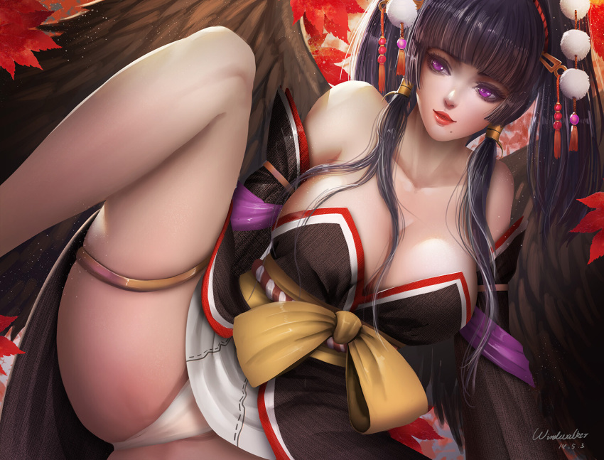 1girl artist_name bangs bare_shoulders black_hair black_wings blunt_bangs breasts commentary dead_or_alive feathered_wings hair_ornament hair_stick hime_cut japanese_clothes karasu_tengu kimono large_breasts leaf long_hair mole mole_under_mouth nyotengu panties pom_pom_(clothes) purple_eyes solo spread_legs tengu underwear white_panties windwalker_ture wings