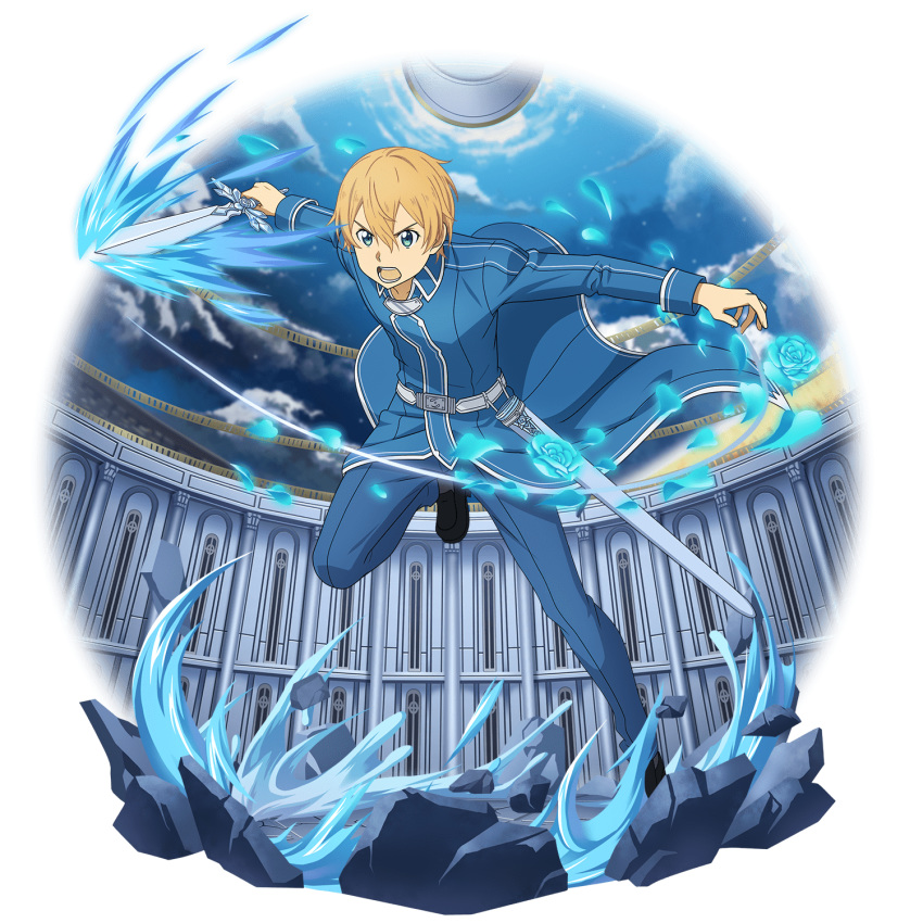 1boy black_footwear blonde_hair blue_eyes blue_pants blue_rose_sword eugeo highres holding holding_sword holding_weapon leg_up male_focus official_art open_mouth outstretched_arms pants running sheath solo sword sword_art_online transparent_background v-shaped_eyebrows weapon