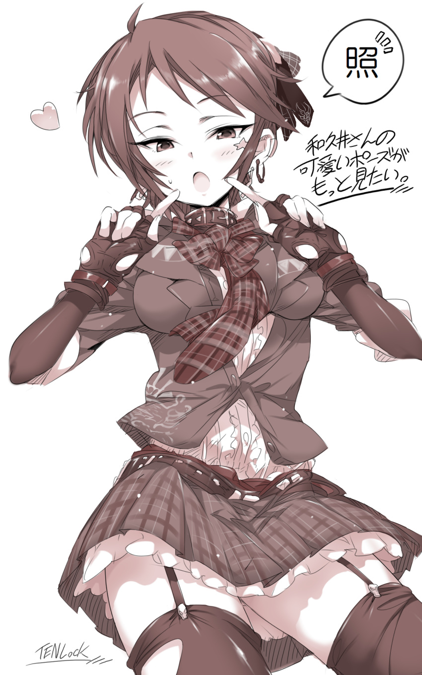 1girl alabaster_(artist) blazer commentary_request earrings elbow_gloves facial_mark fingerless_gloves gloves hair_ornament heart highres idolmaster idolmaster_cinderella_girls jacket jewelry looking_at_viewer looking_down miniskirt monochrome plaid plaid_neckwear plaid_skirt pleated_skirt sepia short_hair skirt solo star thigh_strap thighhighs wakui_rumi white_background zettai_ryouiki