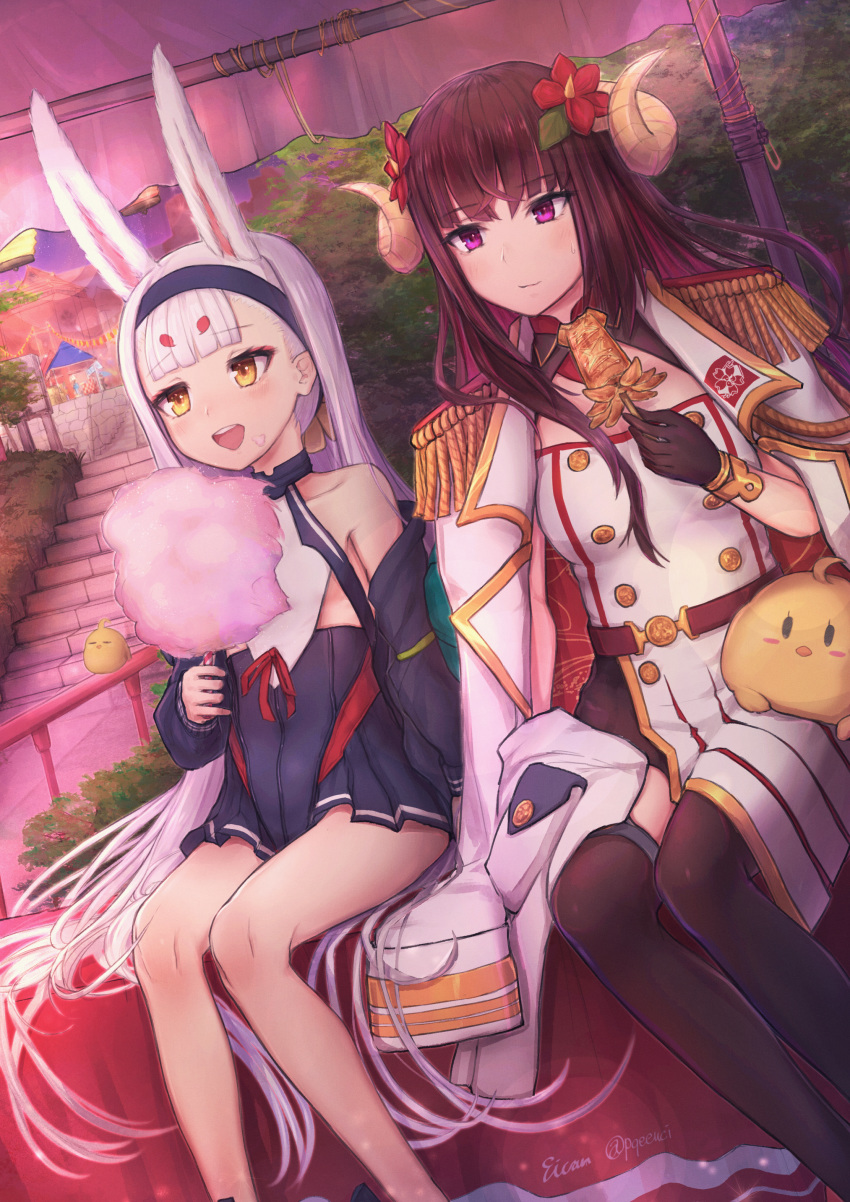 2girls :&gt; absurdres animal_ears azur_lane bangs bare_legs bench black_legwear blunt_bangs brown_hair bunny_ears closed_mouth commentary_request cotton_candy eating eicam epaulettes evening festival food food_on_face fried_squid hairband highres horns huge_filesize jacket jacket_on_shoulders jitome manjuu_(azur_lane) multiple_girls open_mouth outdoors pink_hair purple_eyes shimakaze_(azur_lane) sitting sitting_on_bench squid summer_festival suruga_(azur_lane) sweatdrop thighhighs white_jacket yellow_eyes