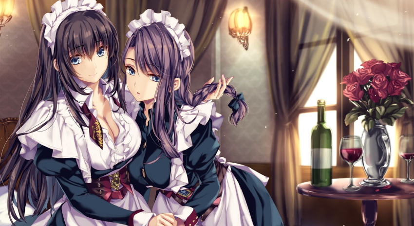 2girls azur_lane bangs blue_eyes blush bottle bow braid breasts cleavage corset cup curacoa_(azur_lane) curlew_(azur_lane) curtains day dress drinking_glass eyebrows_visible_through_hair flower frills hair_between_eyes hair_bow highres holding holding_hair indoors jewelry juliet_sleeves large_breasts light long_hair long_sleeves maid maid_headdress moneti_(daifuku) multiple_girls open_mouth puffy_sleeves purple_hair red_flower red_rose rose sidelocks single_braid sleeve_cuffs smile vase window wine_glass