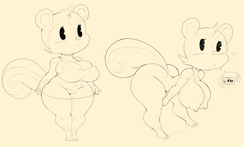 2019 ? animal_crossing anthro big_breasts blush bodily_fluids breasts clothed clothing female fur hi_res huge_breasts mammal monochrome nintendo nipples nude open_mouth poppy_(animal_crossing) purple_yoshi_draws rodent sciurid short_stack simple_background solo speech_bubble sweat thick_thighs tree_squirrel video_games wide_hips