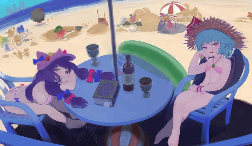 6+girls animal_hat ball barefoot bat_wings beach beachball bikini blue_bow blue_hair blush book bookmark bottle bow breasts cat_hat chair cirno commentary_request cup daiyousei demon_wings digging drinking_glass expressionless fang flandre_scarlet flat_chest footprints hair_bow hat hat_bow head_wings highres hong_meiling innertube izayoi_sakuya koakuma large_breasts long_hair looking_at_viewer multiple_girls navel patchouli_knowledge purple_eyes purple_hair red_bow red_eyes remilia_scarlet rumia sand sand_castle sand_sculpture serakawa shade shore short_hair shovel sideboob sitting smile straw_hat swimsuit table the_embodiment_of_scarlet_devil touhou umbrella very_long_hair water wheelbarrow wine_bottle wine_glass wings wrist_cuffs
