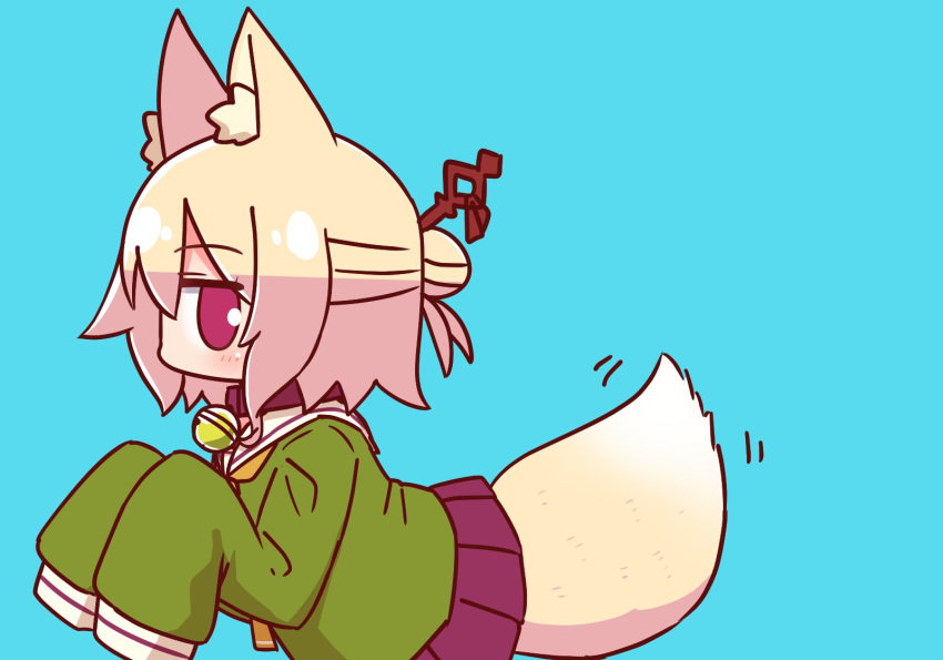 1girl animal_ear_fluff animal_ears bangs bell bell_collar blonde_hair blue_background blush brown_collar collar commentary_request eyebrows_visible_through_hair fox_ears fox_girl fox_tail green_shirt hair_between_eyes hair_bun hair_ornament hands_up highres jingle_bell kemomimi-chan_(naga_u) long_sleeves motion_lines naga_u orange_neckwear original pleated_skirt purple_skirt red_eyes sailor_collar shirt sidelocks simple_background skirt sleeves_past_fingers sleeves_past_wrists solo tail tail_wagging white_sailor_collar