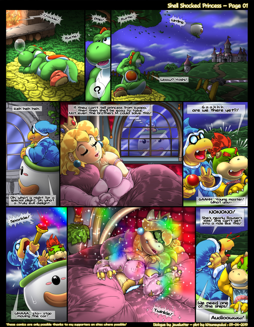 2019 anthro areola blonde_hair blood bodily_fluids bowser_jr. breasts clothed clothing comic crown ear_piercing english_text eyes_closed fangs female feral green_yoshi hair half-closed_eyes hi_res human human_to_anthro kamek kitsune_youkai koopa magic magikoopa male mammal mario_bros nintendo nipples nosebleed one_eye_closed open_mouth piercing princess_peach reptile scalie sleeping species_transformation speech_bubble teeth text thought_bubble tongue torn_clothing transformation video_games yoshi