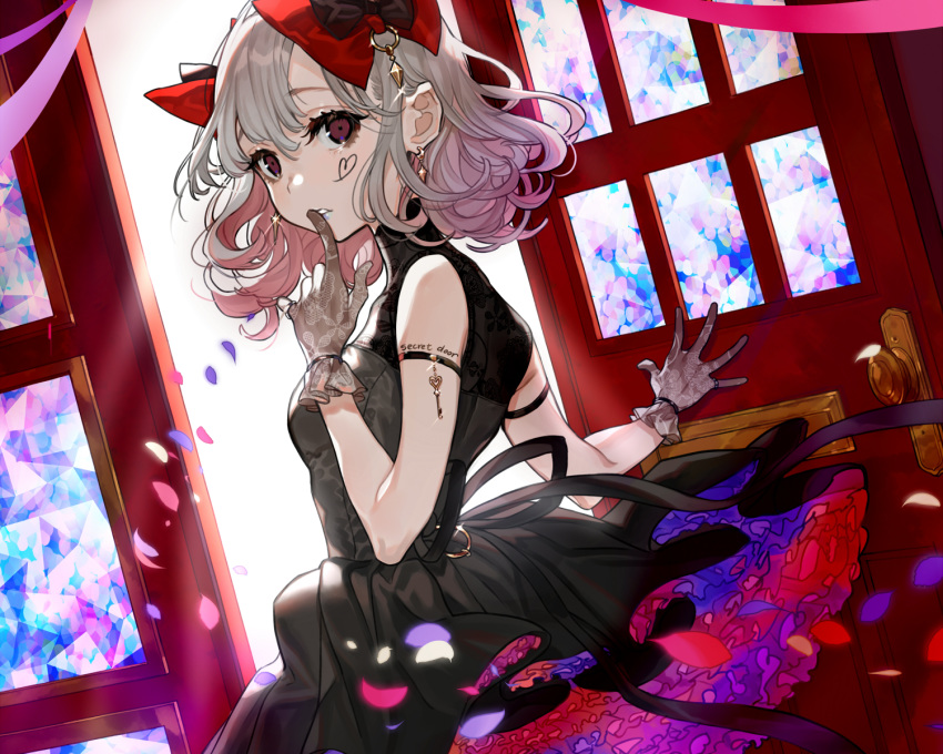 bow cropped dress gloves gray_hair original petals purple_eyes short_hair tattoo yuu_(higashi_no_penguin)