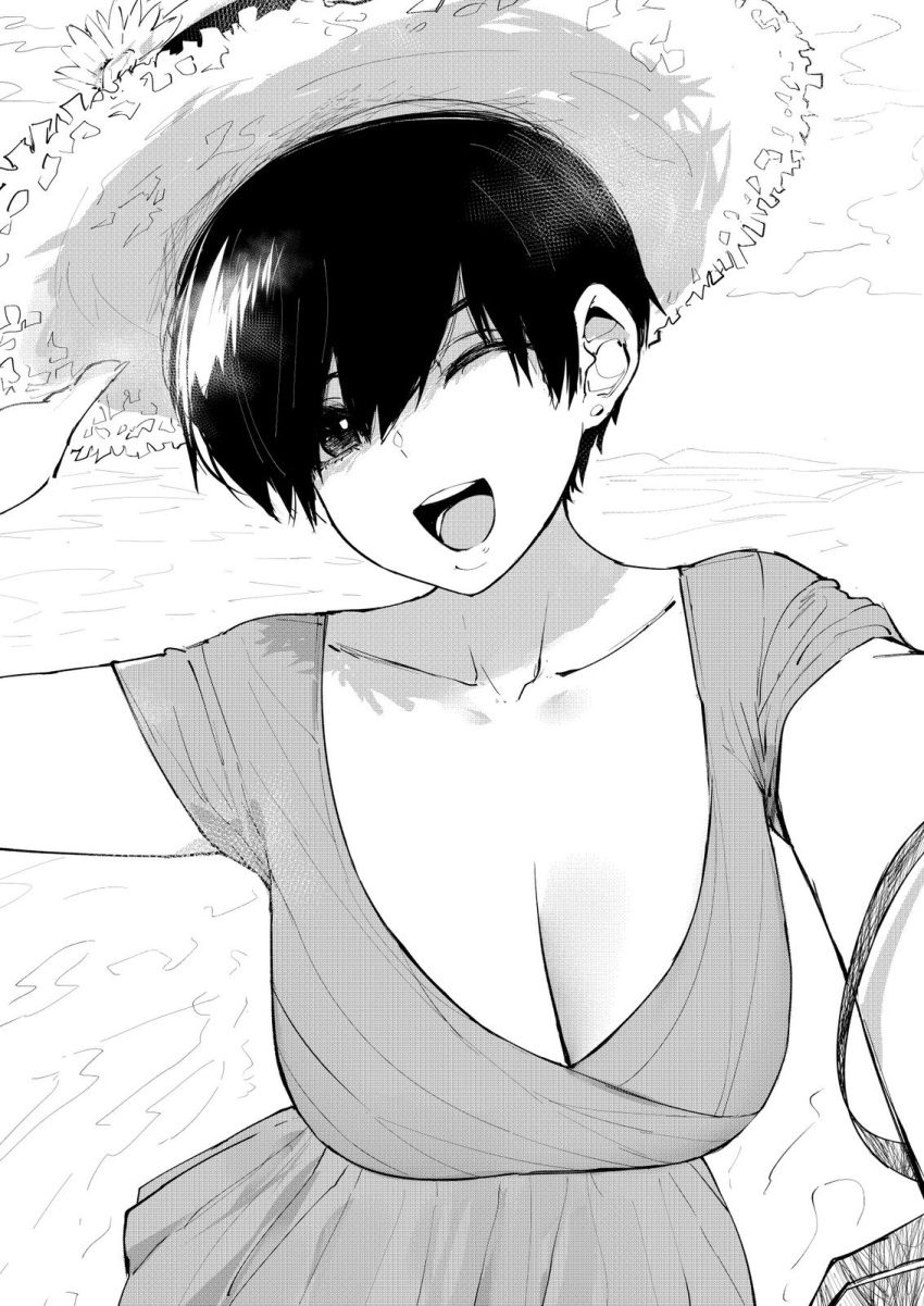 1girl bag bangs breasts cleavage collarbone dress earrings english_commentary greyscale handbag hat highres jewelry large_breasts looking_at_viewer monochrome norman_maggot olive_laurentia one_eye_closed open_mouth original pixie_cut short_hair short_sleeves straw_hat