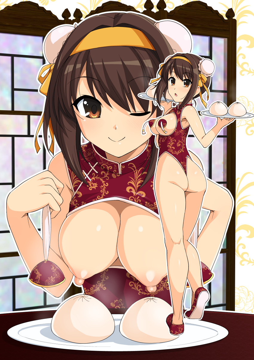 1girl ;) absurdres arms_up ass bangs baozi bare_shoulders blush breasts breasts_outside brown_eyes brown_hair chinese_clothes eyebrows_visible_through_hair floral_print food hair_bun hair_ornament hair_ribbon hairband hands_up hanging_breasts haruhisky highres holding holding_tray inset large_breasts leotard looking_at_viewer nipple_tassels no_bra one_eye_closed open_mouth paid_reward pasties patreon_reward plate red_leotard ribbon sleeveless smile solo standing suzumiya_haruhi suzumiya_haruhi_no_yuuutsu tassel thighs tray white_background window yellow_hairband