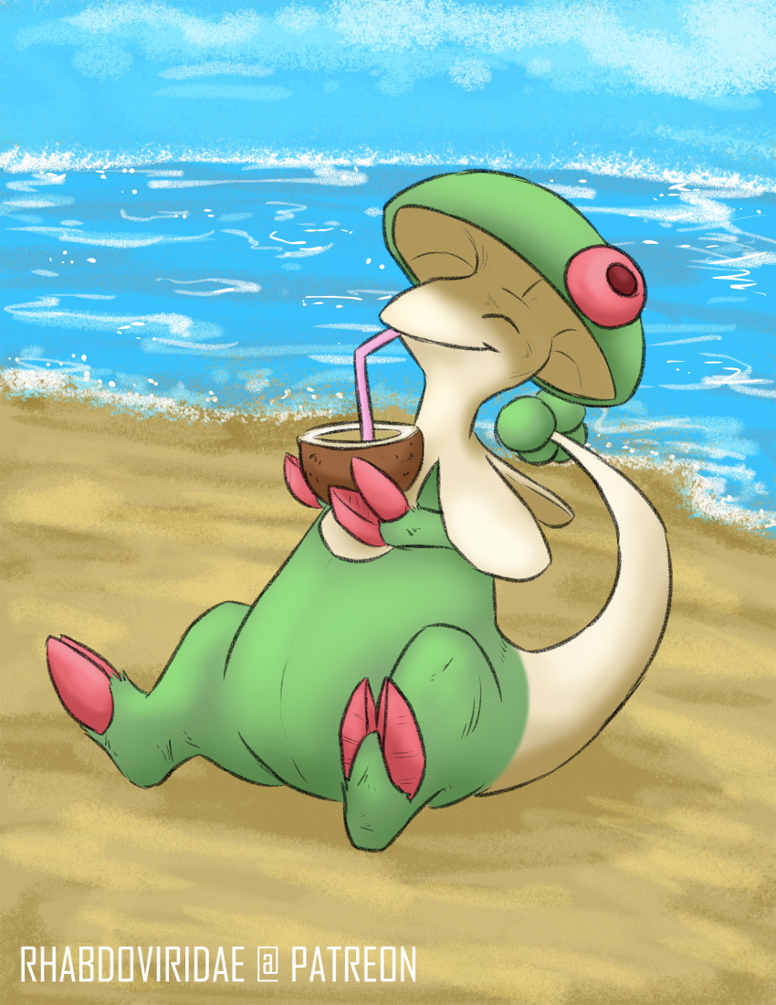 beach beverage breloom conditional_dnp digital_drawing_(artwork) digital_media_(artwork) drinking eyes_closed fungi_fauna fungus hi_res nintendo pok&eacute;mon pok&eacute;mon_(species) sea seaside solo video_games water wolftacos