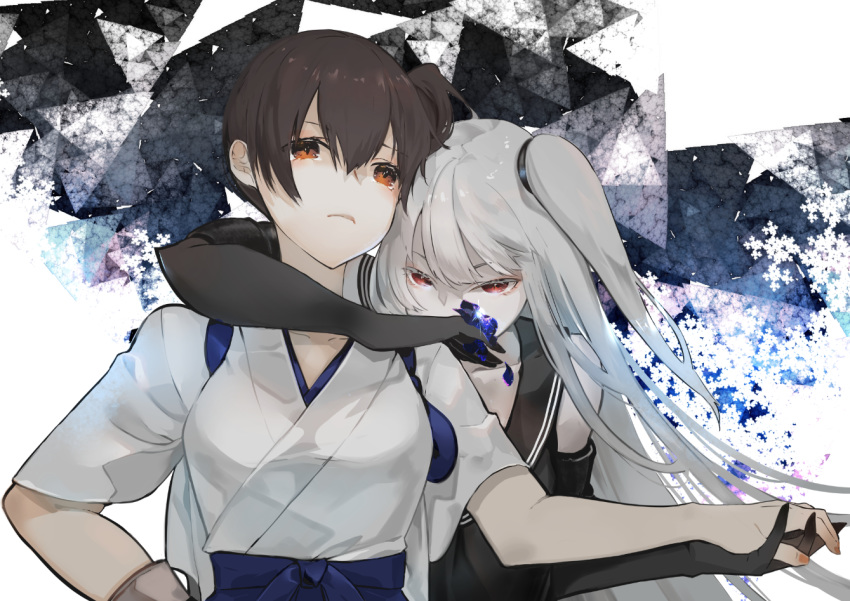 2girls aircraft_carrier_hime arm_around_neck brown_eyes brown_hair elbow_gloves gloves japanese_clothes kaga_(kantai_collection) kantai_collection long_hair multiple_girls nello_(luminous_darkness) one_side_up pale_skin petals red_eyes shinkaisei-kan side_ponytail tasuki very_long_hair white_hair white_skin