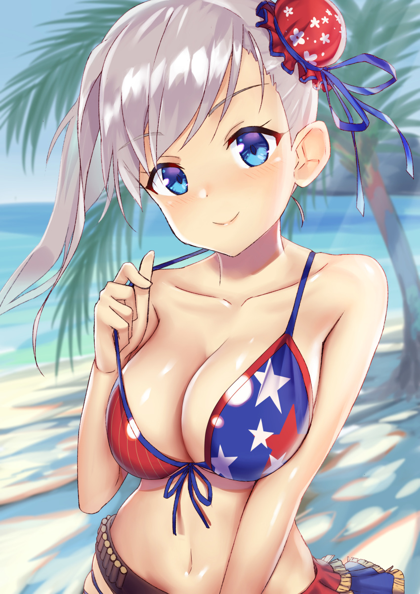 1girl absurdres american_flag_bikini bare_arms bare_shoulders beach bikini blue_eyes blue_ribbon blush breasts bun_cover cleavage collarbone commentary_request eyebrows_visible_through_hair fate/grand_order fate_(series) flag_print grey_hair hair_bun highres large_breasts long_hair miyamoto_musashi_(fate/grand_order) miyamoto_musashi_(swimsuit_berserker)_(fate) navel palm_tree ribbon smile solo swimsuit tree yasei_no_chimpanzee