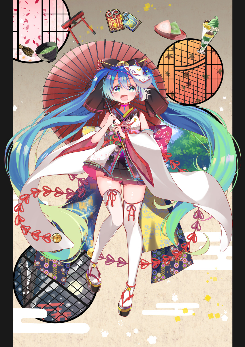 1girl absurdres ankle_bell bell blue_hair choker detached_sleeves fox_mask full_body green_eyes green_hair green_tea hair_between_eyes hatsune_miku highres holding holding_umbrella japanese_clothes jingle_bell kimono kimono_skirt long_hair mask nail_polish open_mouth oriental_umbrella piyopoyo pleated_skirt sandals skirt solo standing tea thighhighs torii twintails umbrella very_long_hair vocaloid