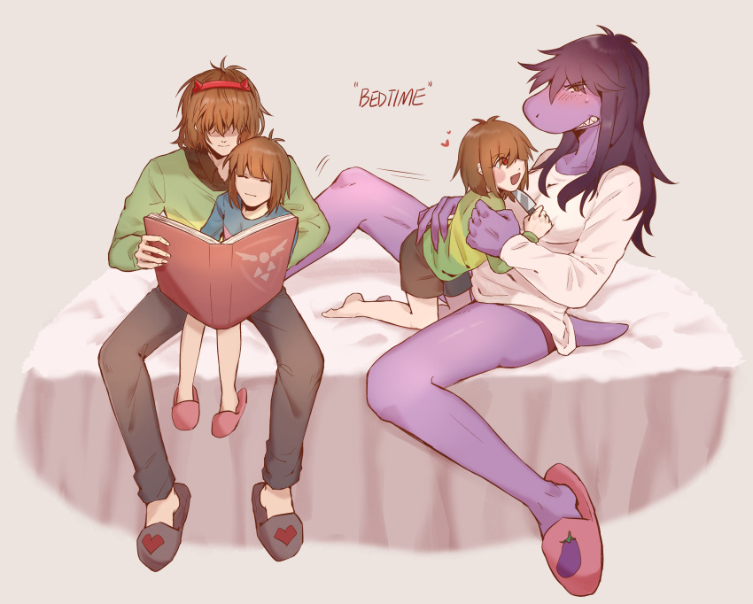&lt;3 2019 absurd_res ambiguous_gender anthro barefoot bed blush book breasts chara_(undertale) clothed clothing delta_rune_(emblem) deltarune digital_media_(artwork) english_text fake_horns family female hair hi_res human knife kosafordraw kris_(deltarune) male mammal non-mammal_breasts protagonist_(undertale) red_eyes reptile scalie sharp_teeth simple_background slipper smile susie_(deltarune) symbol teeth text undertale video_games young