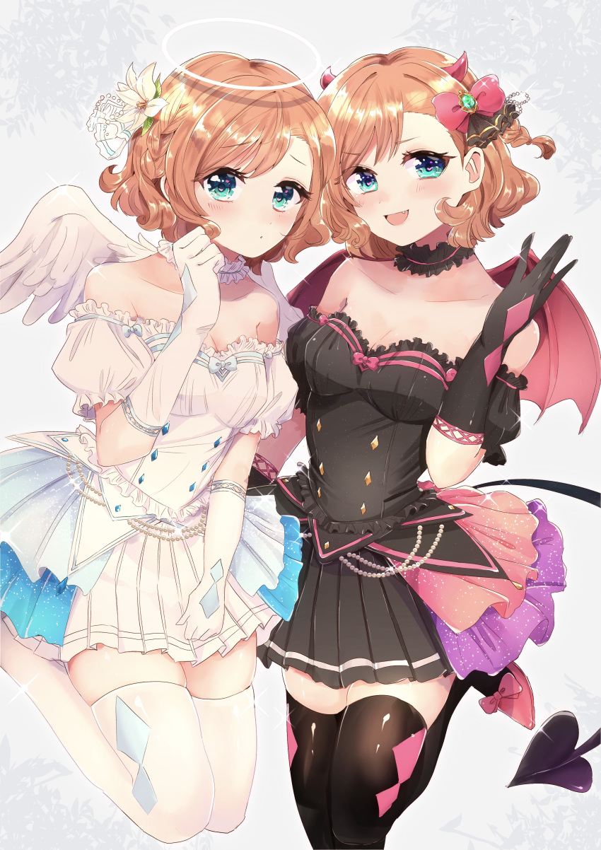 2girls absurdres angel angel_and_devil angel_wings black_gloves black_legwear black_vs_white blonde_hair blue_eyes blush breasts cleavage demon_girl demon_horns demon_tail demon_wings dress dual_persona fang feathered_wings gloves halo highres horns kakegurui looking_at_viewer mini_wings multiple_girls nial_1122 open_mouth red_wings small_breasts sumeragi_itsuki tail thighhighs wavy_hair white_gloves white_legwear white_wings wings