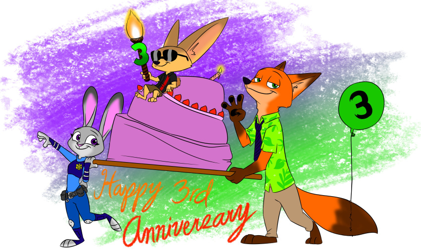 absurd_res balloon cake canid canine clothing disney english_text fennec finnick food fox hi_res judy_hopps lagomorph leporid mammal nick_wilde rabbit text theblueberrycarrots zootopia