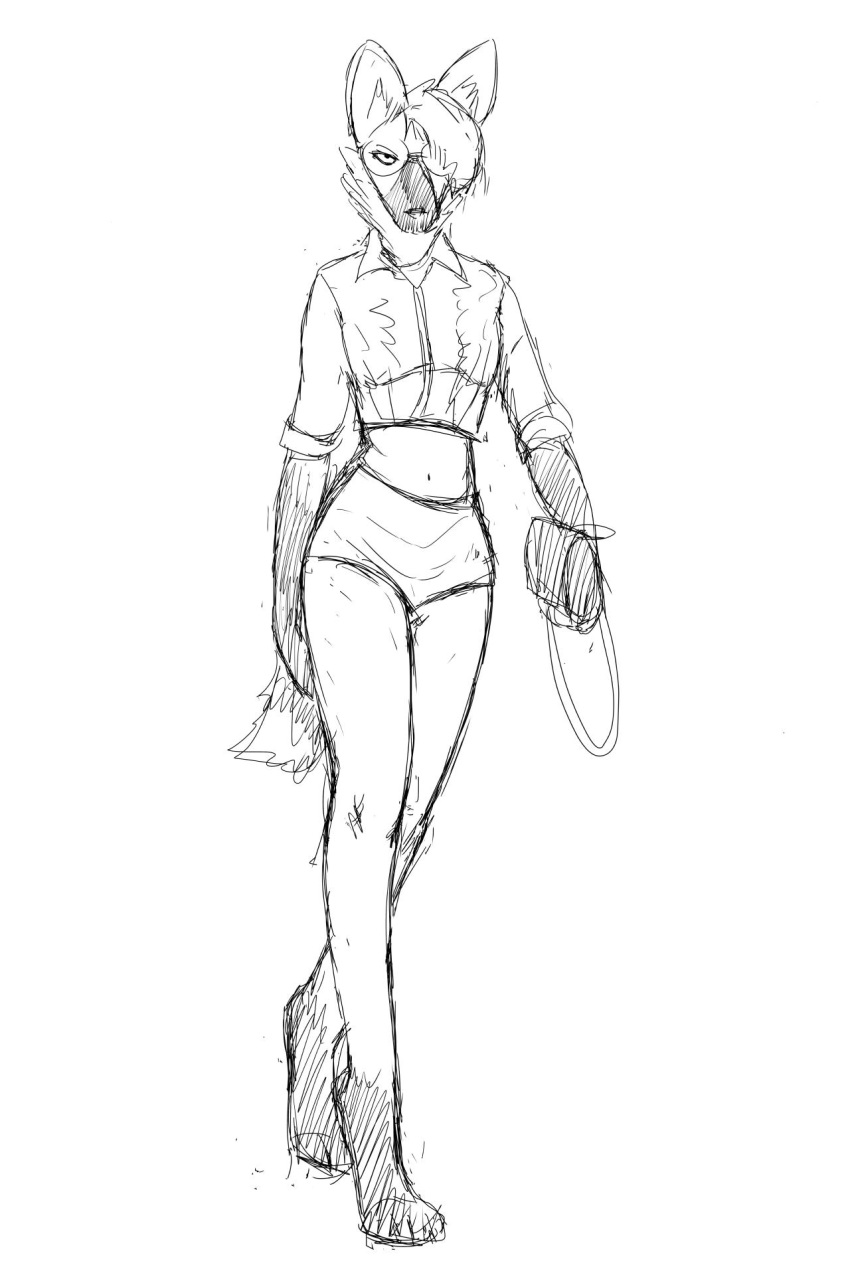 anthro barefoot canid canine clothed clothing digitigrade eyewear female fully_clothed glasses hi_res hladilnik long_legs looking_at_viewer mammal maned_wolf midriff monochrome purse solo