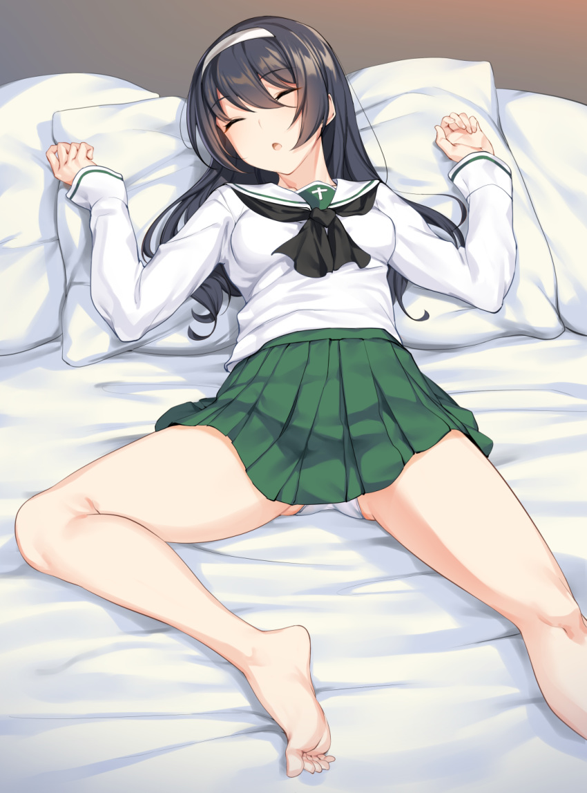 1girl bangs banned_artist bare_legs barefoot bed bed_sheet black_hair black_neckwear blush closed_eyes commentary_request eyebrows_visible_through_hair girls_und_panzer green_skirt hair_between_eyes hairband highres ikomochi long_hair long_sleeves lying neckerchief on_back on_bed ooarai_school_uniform open_mouth panties pantyshot pantyshot_(lying) pillow pleated_skirt reizei_mako school_uniform serafuku skirt sleeping soles solo spread_legs toes underwear white_hairband white_panties