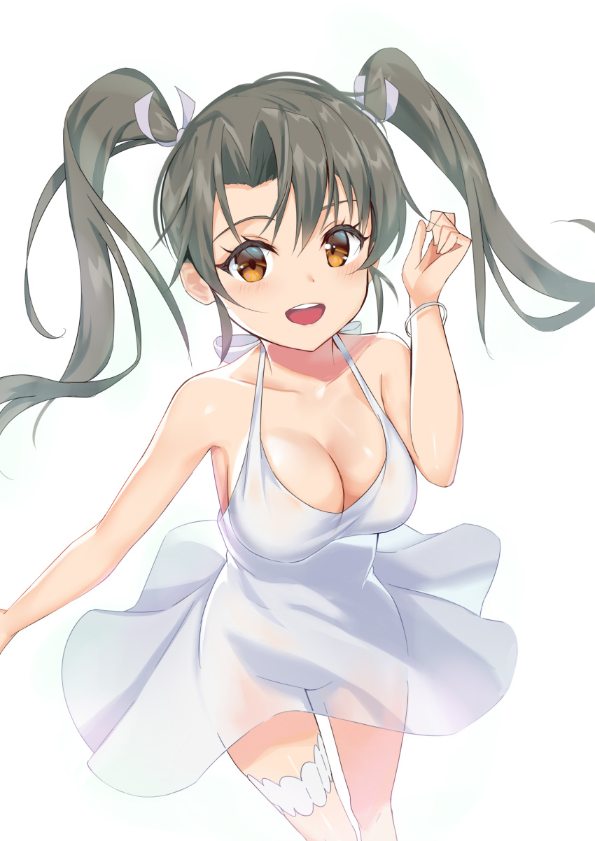 1girl bangs bare_arms bare_shoulders blush breasts brown_eyes brown_hair cleavage collarbone commentary_request copyright_request dress hair_ribobn highres large_breasts looking_at_viewer simple_background solo thigh_strap twintails upper_teeth white_background white_dress yasei_no_chimpanzee