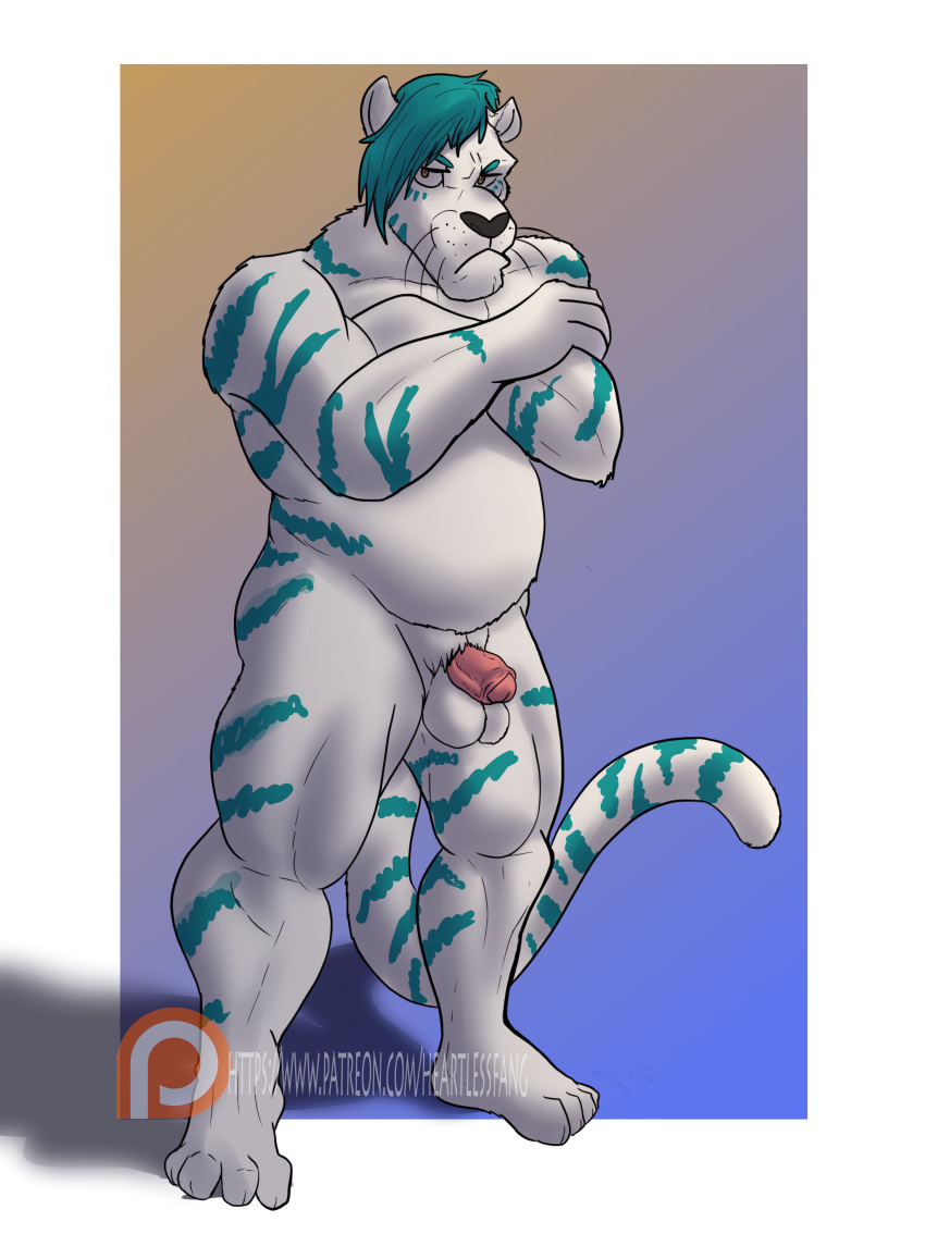 absurd_res anthro balls biped felid feline full-length_portrait heartlessfang hi_res invalid_tag leucistic male mammal nude pantherine patreon penis portrait solo standing tagme tiger url