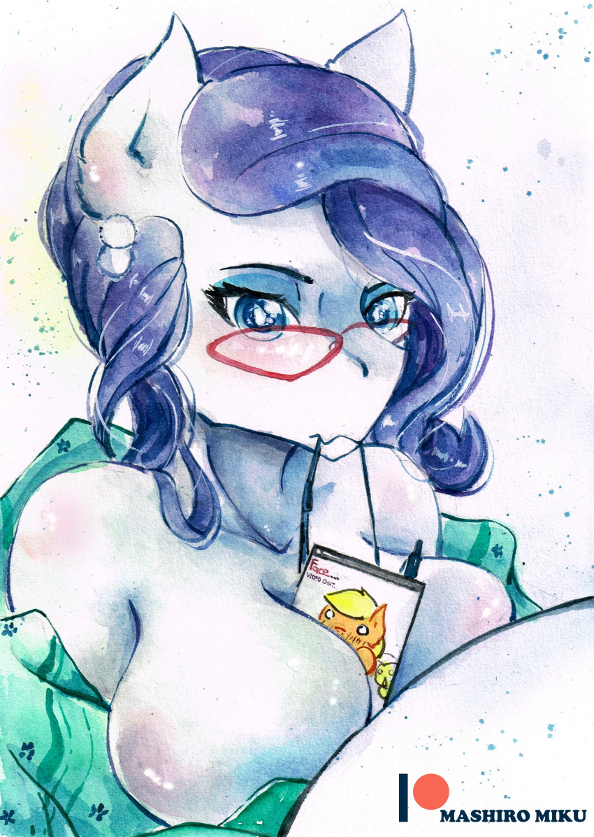 absurd_res anthro anthrofied applejack_(mlp) between_breasts big_breasts breasts equid equine eyewear female friendship_is_magic glasses hair hi_res horse mammal mashiromiku my_little_pony painting_(artwork) pony purple_hair rarity_(mlp) signature solo traditional_media_(artwork) watercolor_(artwork)