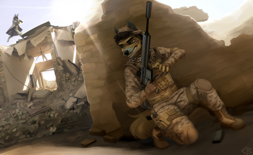 2019 absurd_res anthro canid canine canis codyblue-731 desert digital_media_(artwork) domestic_dog dynamic fight fur hi_res male mammal war weapon
