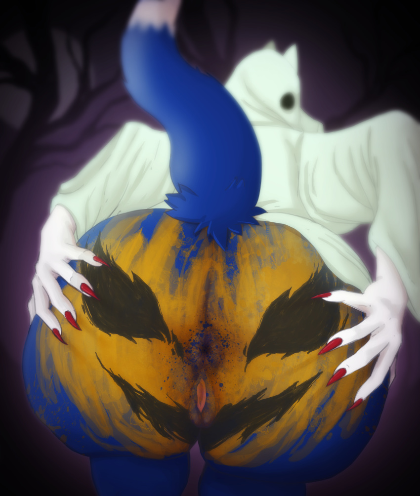 2018 absurd_res aizawasilk anthro anus bedsheet_ghost blue_fur bodypaint butt canid canine colored_nails dipstick_tail female fox fur halloween hi_res holidays jack-o'-lantern leaning leaning_forward looking_back mammal multicolored_tail nails presenting presenting_hindquarters pussy rear_view solo spread_butt spreading white_fur