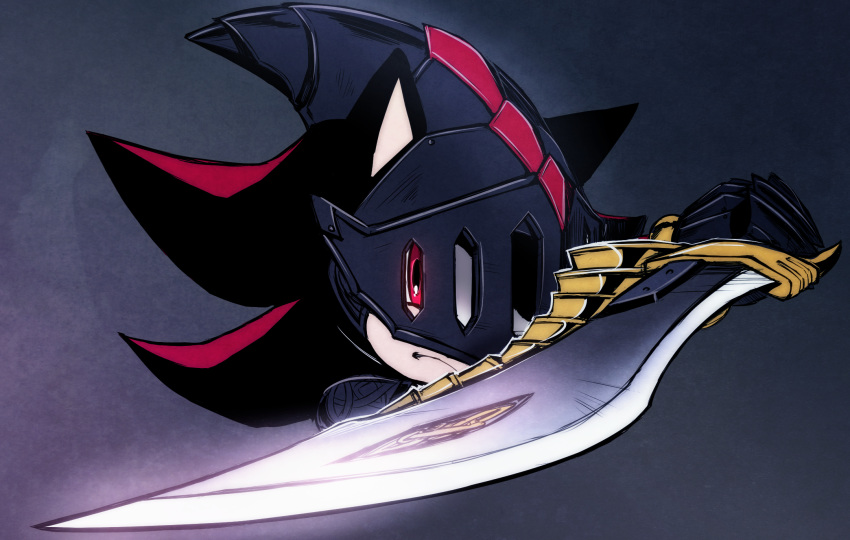 anthro armor black_fur clothing den255 eulipotyphlan frown fur gloves handwear headgear hedgehog helmet hi_res holding_object holding_sword holding_weapon male mammal melee_weapon red_eyes red_fur shadow_the_hedgehog simple_background sir_lancelot_(satbk) solo sonic_(series) sonic_and_the_black_knight sword weapon