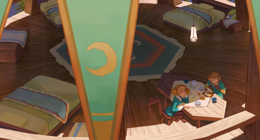 1girl bed blue_eyes eating food from_above highres light link looking_to_the_side madsraa nightstand pointy_ears princess_zelda scenery shade short_hair sitting stool sunlight table the_legend_of_zelda the_legend_of_zelda:_breath_of_the_wild tree