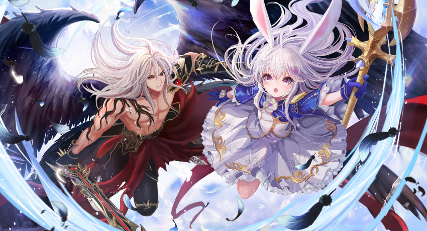 1boy 1girl ahoge animal_ears arm_up artist_request black_gloves black_pants black_wings blue_gloves blue_sleeves bunny_ears dress elin_(tera) feathered_wings feathers gloves highres long_hair muscle official_art open_mouth pants pink_eyes red_eyes silver_hair staff sword tera_online topless wallpaper weapon white_dress wings