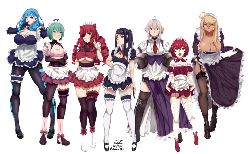 6+girls alma_armas android animal_ears apron bartender breasts cat_ears cleavage dana_zane dark_skin dorothy_haze garter_belt garters highres jayceaua jill_stingray kira_miki large_breasts maid maid_apron maid_headdress medium_breasts multiple_girls pantyhose sei_asagiri skirt skirt_lift slit small_breasts stella_hoshii thighhighs va-11_hall-a white_skin