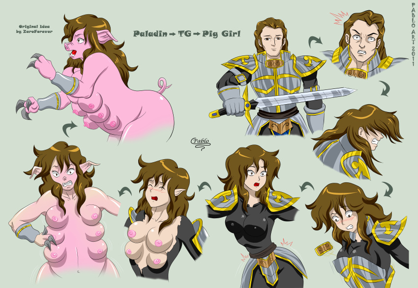 2011 6_breasts absurd_res anthro armor breast_growth breasts brown_hair domestic_pig female gender_transformation grey_background hair hi_res human human_to_anthro locofuria male mammal melee_weapon mtf_transformation multi_breast navel nipples pia-sama sequence simple_background solo species_transformation suid suina surprise sus_(pig) sword transformation weapon