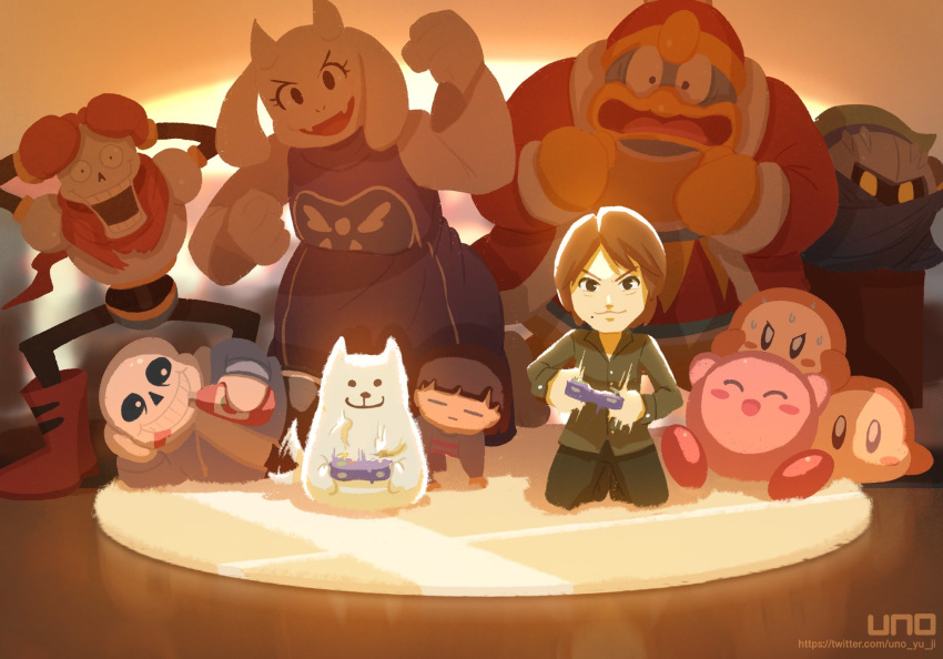 1girl 1other 5boys animal annoying_dog artist_self-insert black_shirt brown_hair cheering crossover dog dress frisk_(undertale) gamecube_controller gloves hands_on_own_head highres hood hoodie ketchup king_dedede kirby kirby_(series) looking_at_another lying meta_knight multiple_boys on_side papyrus_(undertale) playing_games real_life red_gloves red_scarf rug sakurai_masahiro sans scarf seiza shirt sitting skeleton super_smash_bros. sweat toriel twitter_username undertale uno_yuuji waddle_dee