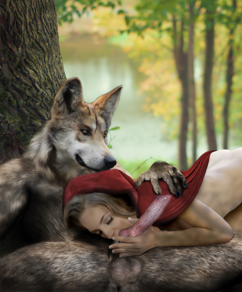 animal_genitalia animal_penis anthro balls canid canine canis digital_media_(artwork) duo edit erection fellatio female forest fur hi_res human interspecies little_red_riding_hood little_red_riding_hood_(copyright) loryrudess male male/female mammal manipulation nude oral penile penis photo_manipulation photography_(artwork) photomontage photomorph sex tree wolf